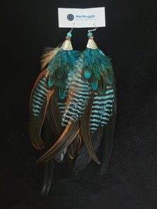 Large 10" Brown and Turquoise Feather Boho Earrings with Crystals