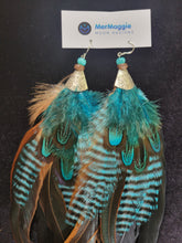 Load image into Gallery viewer, Large 10&quot; Brown and Turquoise Feather Boho Earrings with Crystals

