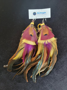 Long Purple, Brown, & Orange Feather Boho Earrings