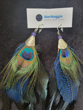 Load image into Gallery viewer, Large 10&quot; Black, Navy, and Peacock Feather Boho Earrings
