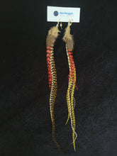 Load image into Gallery viewer, Long 13&quot; Red, Brown, &amp; B&amp;W Grizzly Feather Boho Earrings
