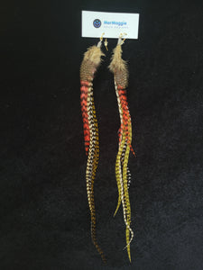 Long 13" Red, Brown, & B&W Grizzly Feather Boho Earrings
