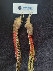 Long 13" Red, Brown, & B&W Grizzly Feather Boho Earrings