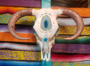 Rose Gold & Turquoise Rare Droop Horn Steer Skull - Home Decor