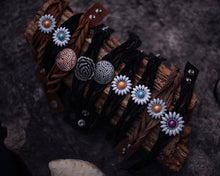 Load image into Gallery viewer, Electric Crazy Daisy on Black Twisted Leather Bracelet
