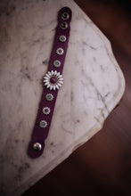 Load image into Gallery viewer, Electric Crazy Daisies on Purple Leather Bracelet
