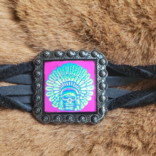 Load image into Gallery viewer, Psychedelic Skull Indian on Black Twisted Leather Bracelet
